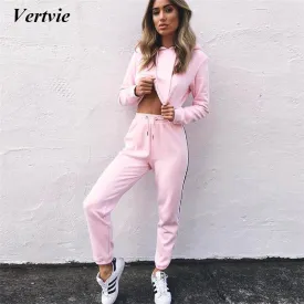 2018 Sexy Women's Tracksuit Cropped Tops Pullover Hoodies Drawstring Pants Patchwork Sport Running Fitness Suits Autumn
