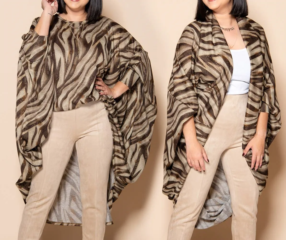 Cardi Top Worn Two Ways, Animal Print