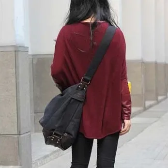 Damen Canvastasche Schultertasche Beuteltasche aus Canvas & Kunstleder- Schwarz & Braun