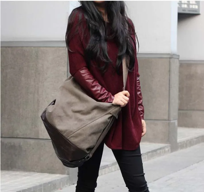 Damen Canvastasche Schultertasche Beuteltasche aus Canvas & Kunstleder- Schwarz & Braun