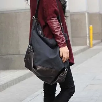 Damen Canvastasche Schultertasche Beuteltasche aus Canvas & Kunstleder- Schwarz & Braun