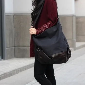 Damen Canvastasche Schultertasche Beuteltasche aus Canvas & Kunstleder- Schwarz & Braun