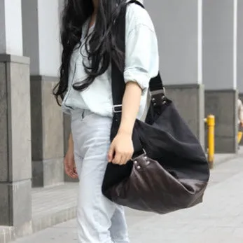 Damen Canvastasche Schultertasche Beuteltasche aus Canvas & Kunstleder- Schwarz & Braun