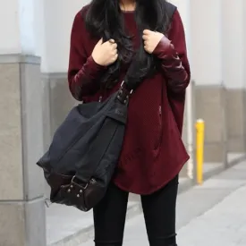 Damen Canvastasche Schultertasche Beuteltasche aus Canvas & Kunstleder- Schwarz & Braun