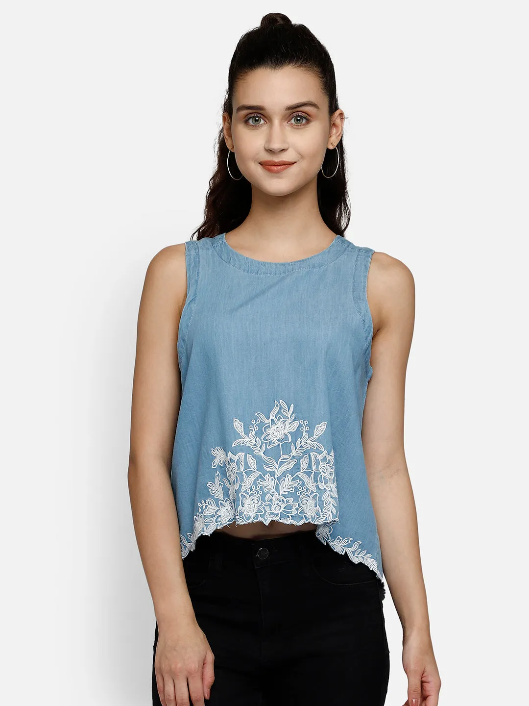 Denim blue high-low crop top