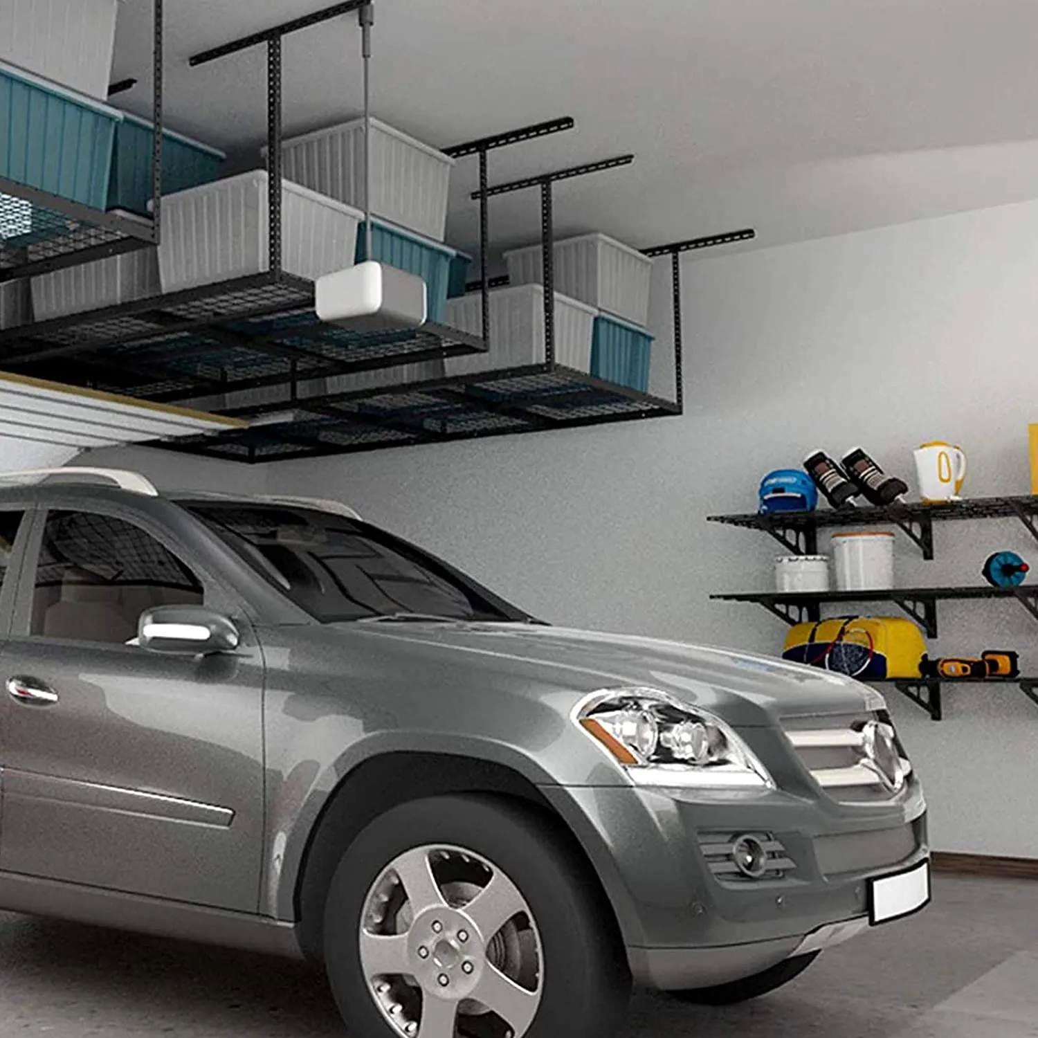 FLEXIMOUNTS 4x8 Overhead Garage Storage Rack Adjustable Ceiling Garage Rack Heavy Duty, 96" Length x 48" Width x (22''-40" Ceiling Dropdown), Black (Two-Color Options)