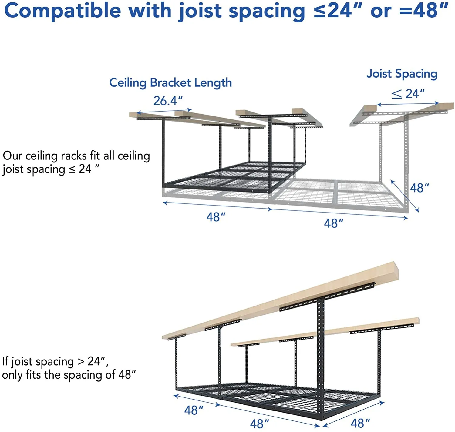 FLEXIMOUNTS 4x8 Overhead Garage Storage Rack Adjustable Ceiling Garage Rack Heavy Duty, 96" Length x 48" Width x (22''-40" Ceiling Dropdown), Black (Two-Color Options)