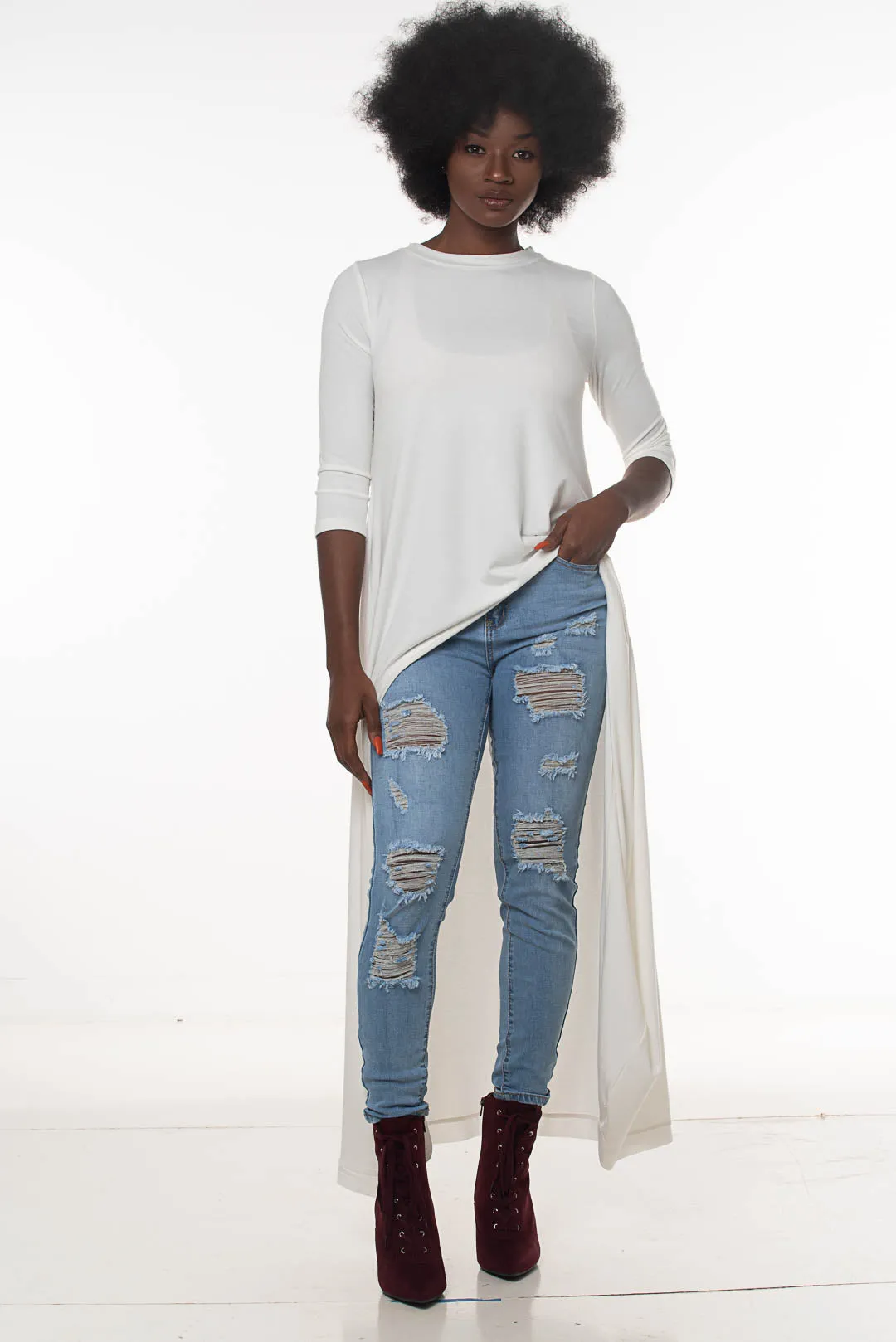HIGH-LOW LONGLINE TOP| white| mocha |