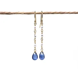 Kyanite and Pearl Long Dangle Earrings