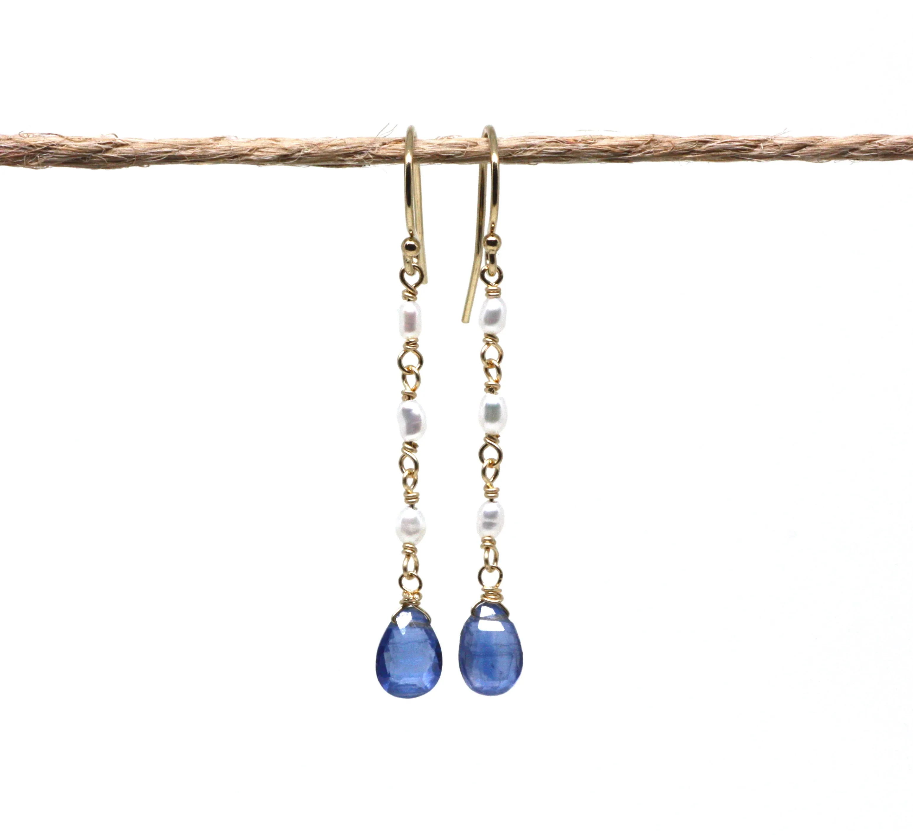 Kyanite and Pearl Long Dangle Earrings