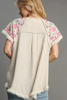 Linen High Low Hem Frayed Top