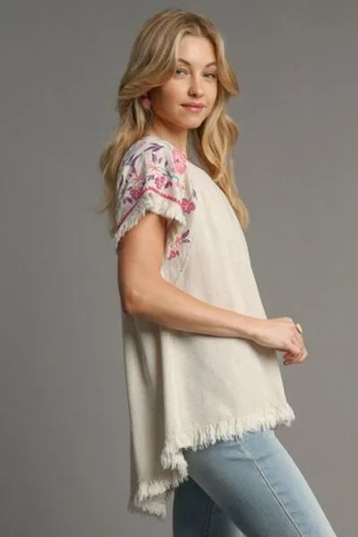 Linen High Low Hem Frayed Top