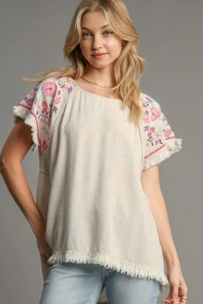 Linen High Low Hem Frayed Top