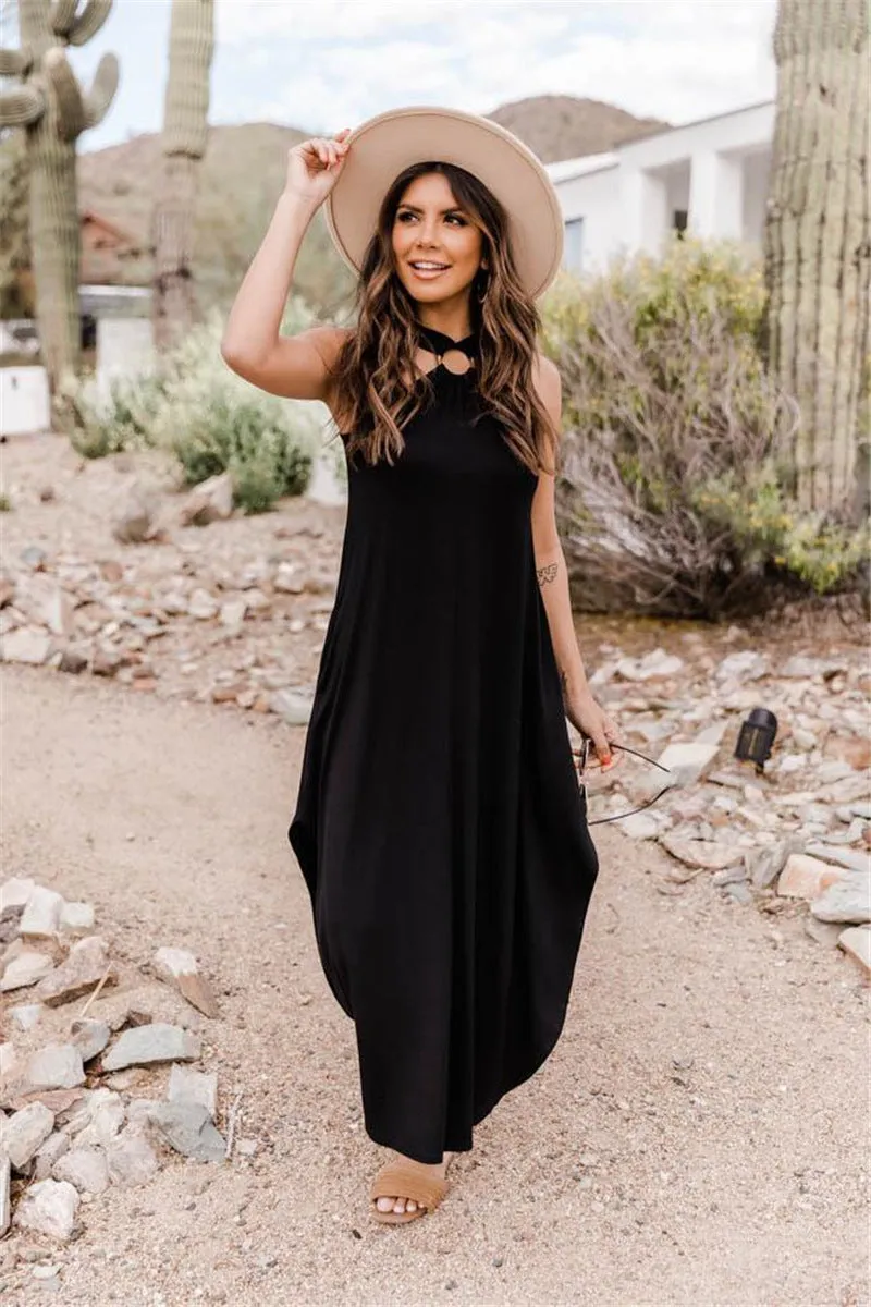 Off Shoulder Casual Comfortable Halter Long Pocket Dress