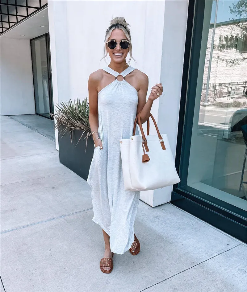 Off Shoulder Casual Comfortable Halter Long Pocket Dress