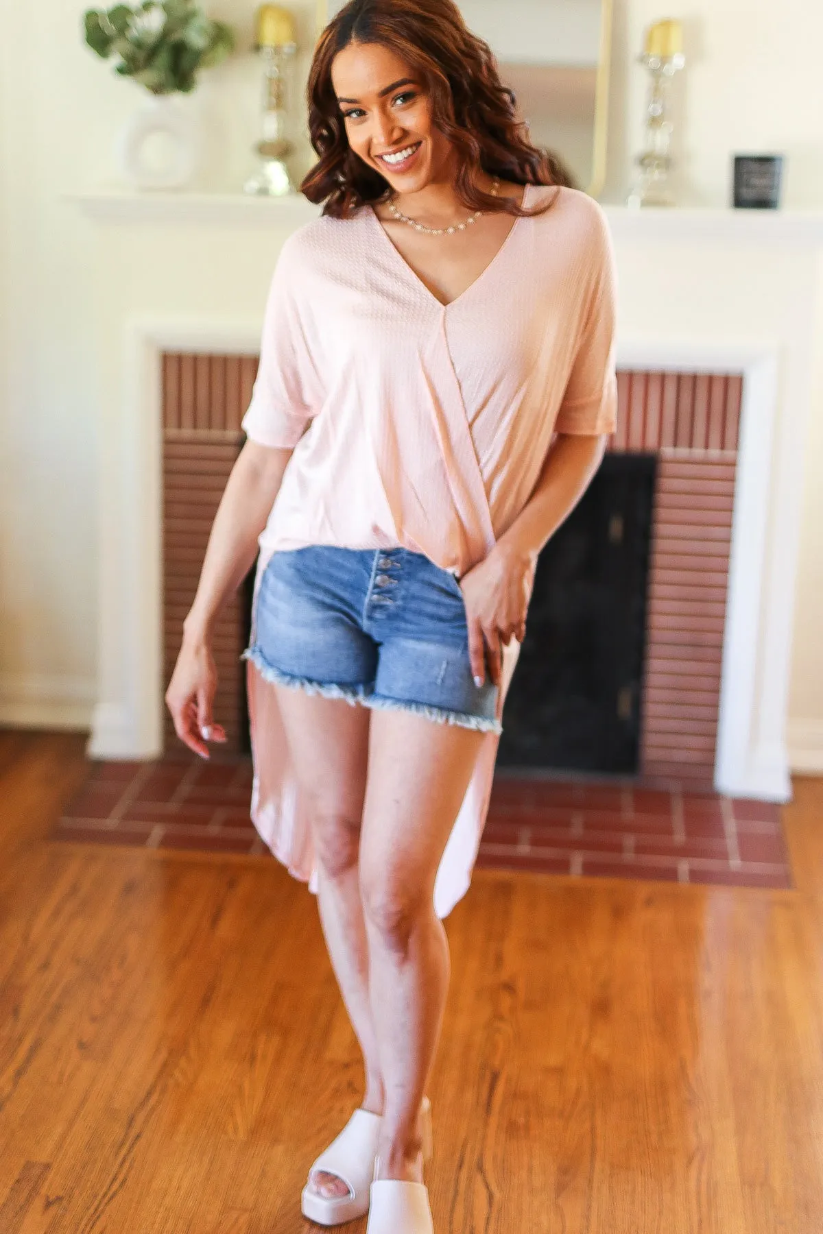 Peach High Low V Neck Top