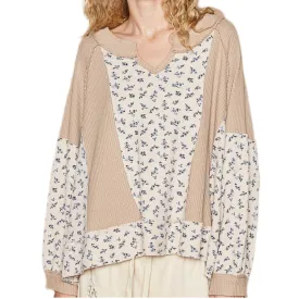 POL Retro Waffle Knit Granny Floral Top Patchwork Oversized Boho Sweater Shirt
