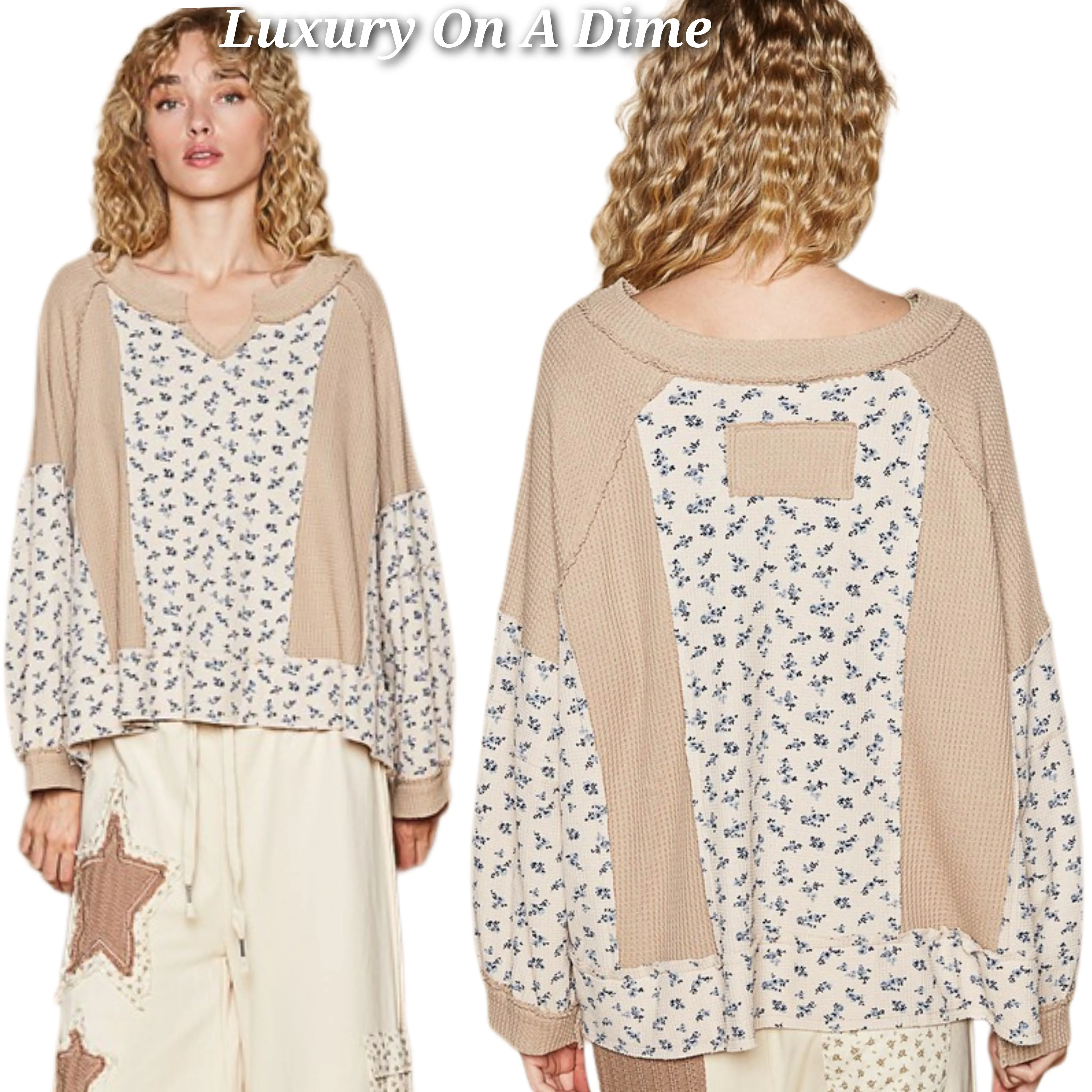 POL Retro Waffle Knit Granny Floral Top Patchwork Oversized Boho Sweater Shirt