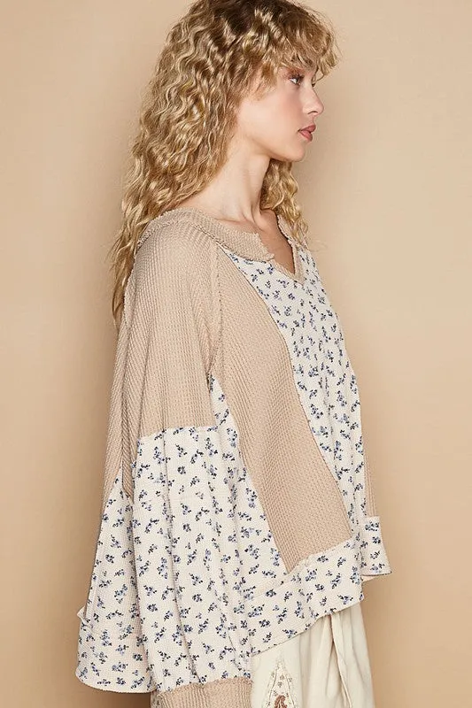 POL Retro Waffle Knit Granny Floral Top Patchwork Oversized Boho Sweater Shirt