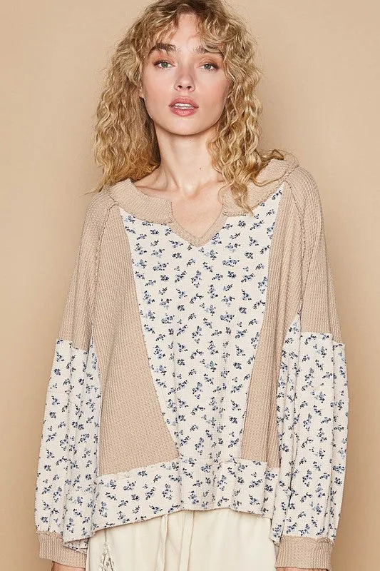 POL Retro Waffle Knit Granny Floral Top Patchwork Oversized Boho Sweater Shirt