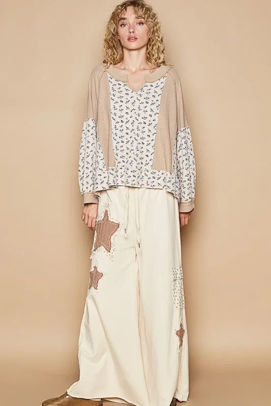 POL Retro Waffle Knit Granny Floral Top Patchwork Oversized Boho Sweater Shirt