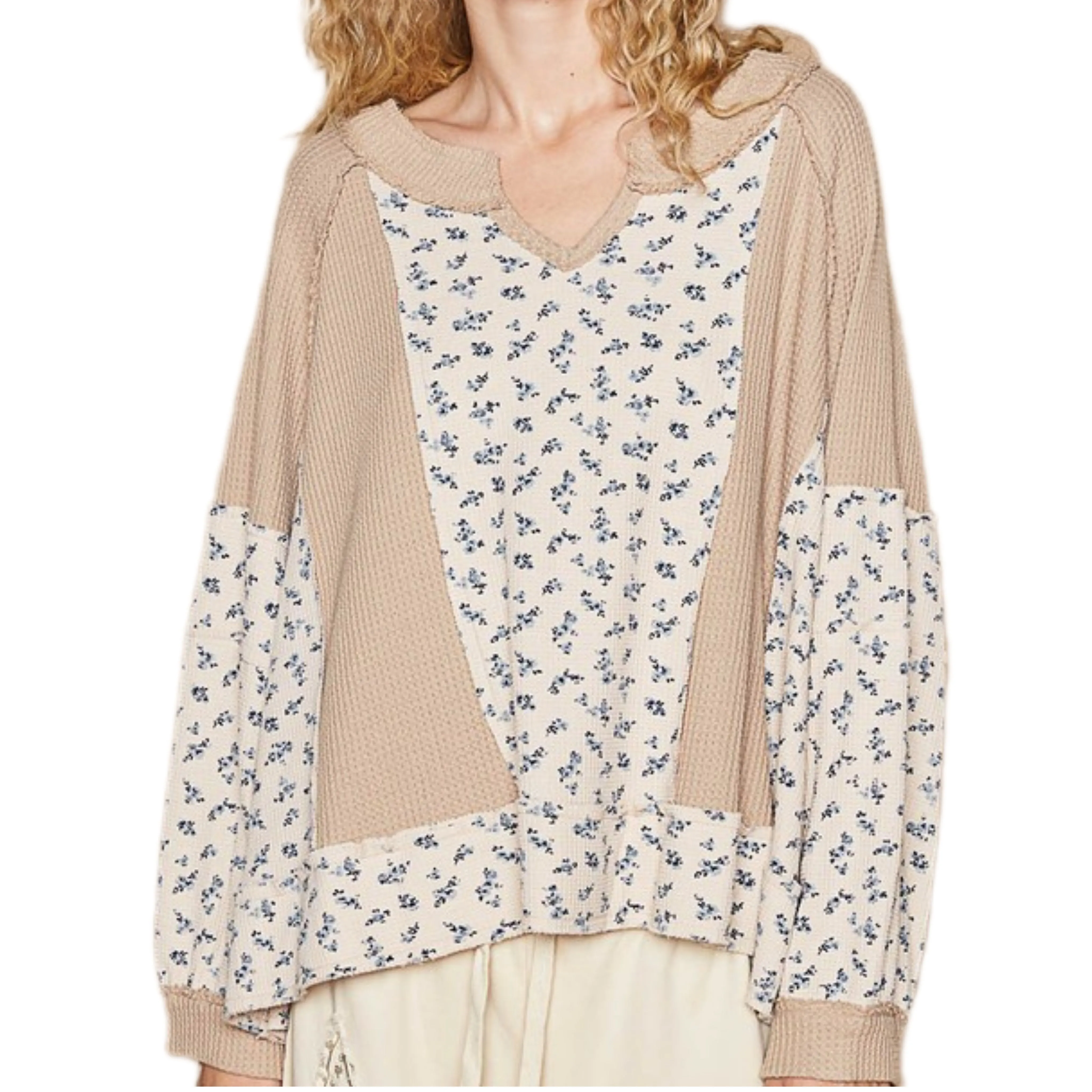 POL Retro Waffle Knit Granny Floral Top Patchwork Oversized Boho Sweater Shirt