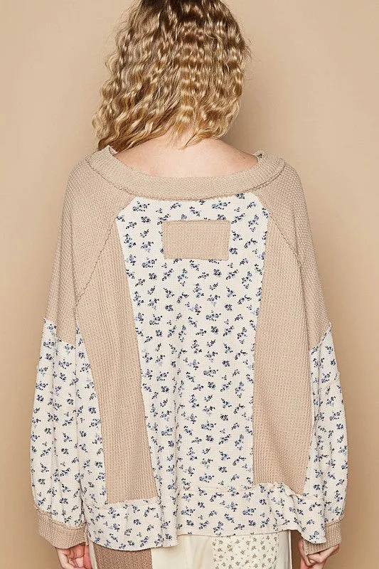 POL Retro Waffle Knit Granny Floral Top Patchwork Oversized Boho Sweater Shirt