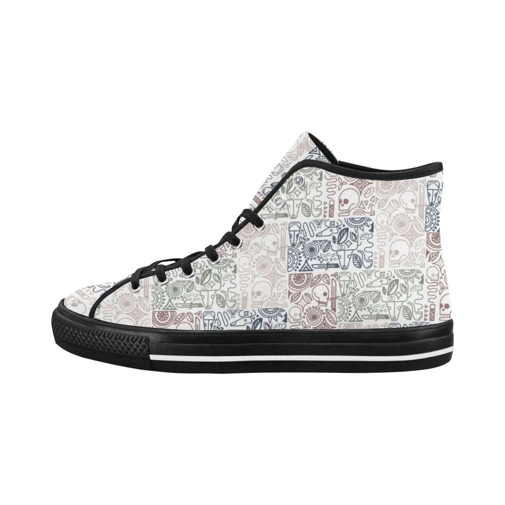 Women's White Skull Doodle Print Canvas High Top Shoes