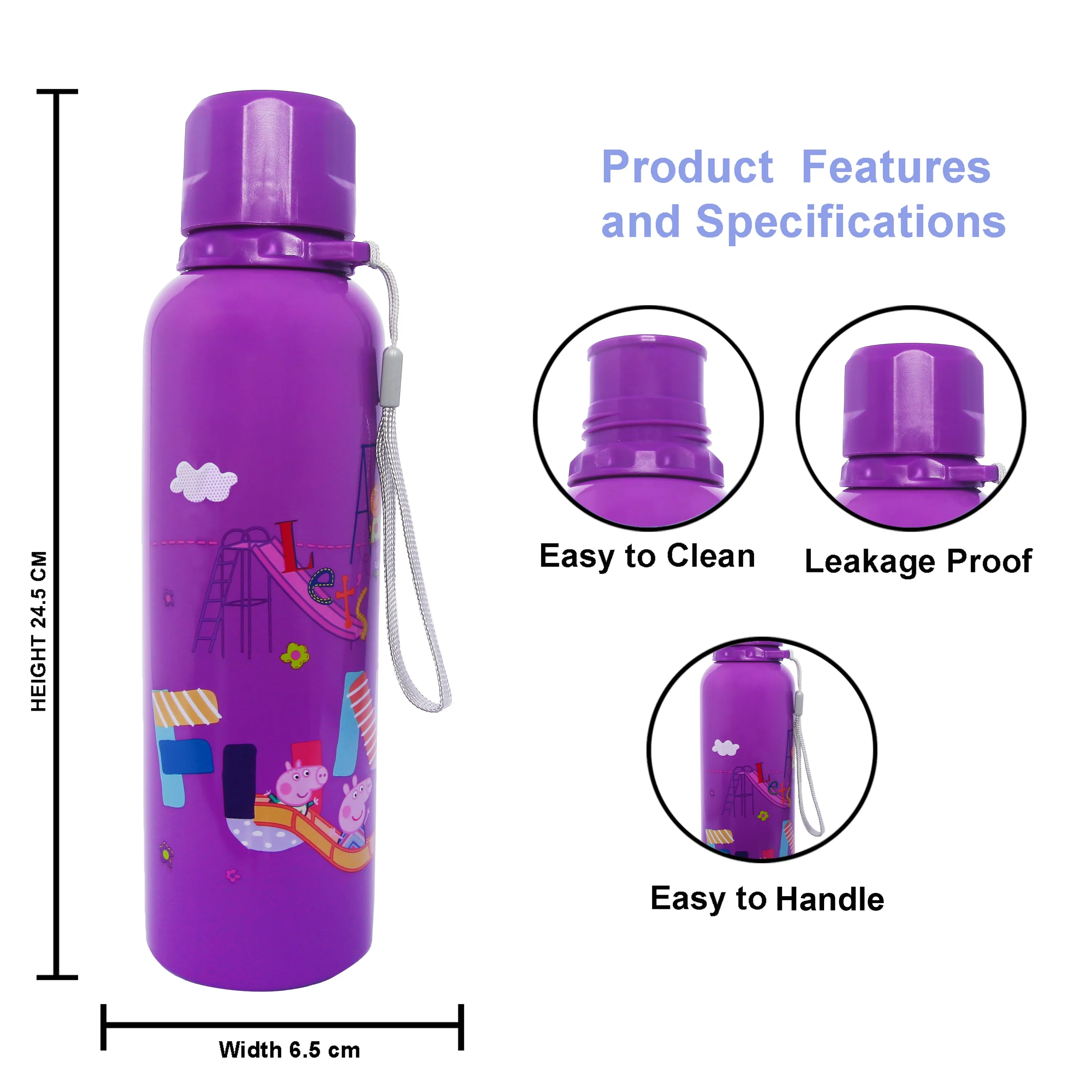 Youp Stainless Steel Purple Color Peppa Pig Kids Water Bottle OSCAR  - 750 Ml